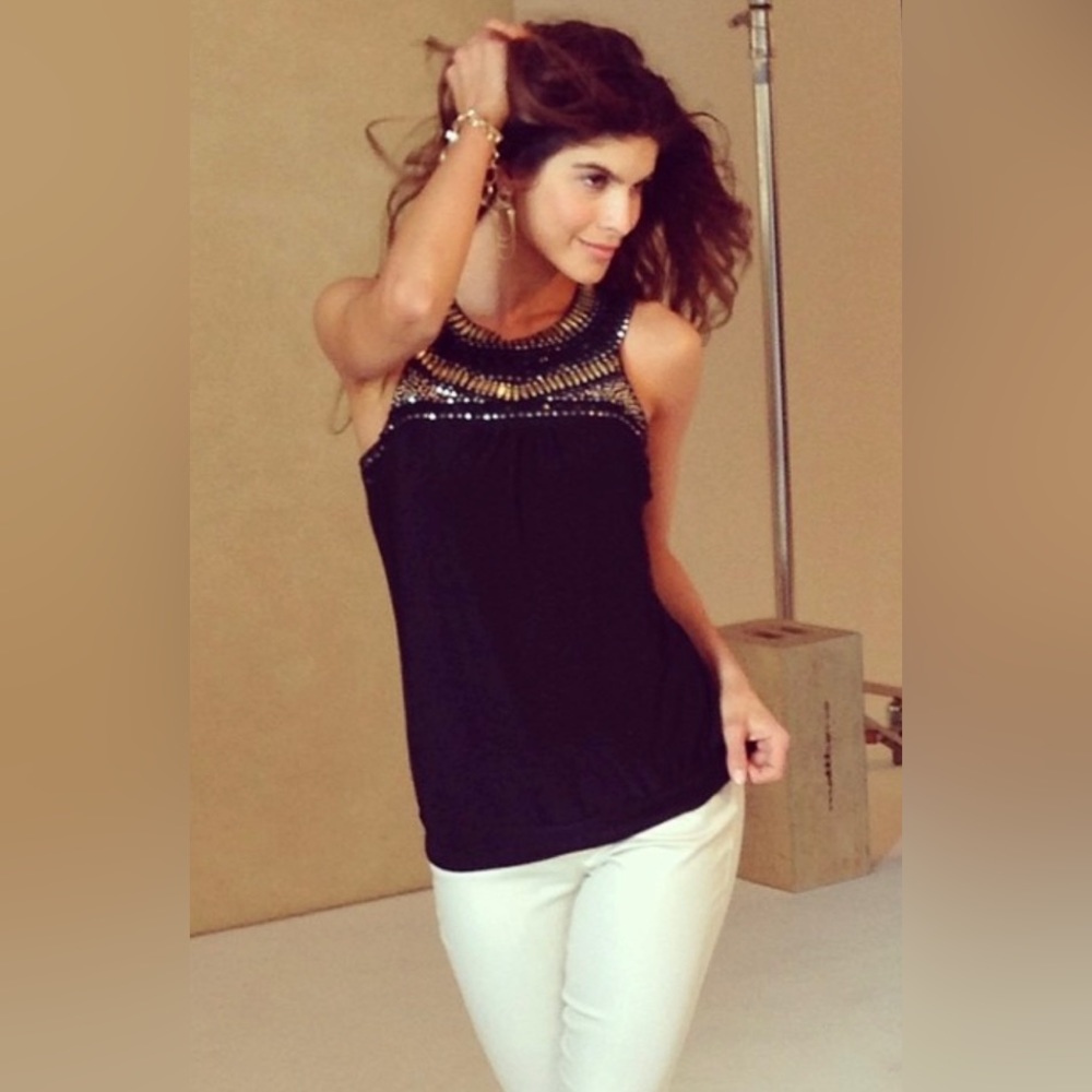 Cache Black Blouson Top with Embellished Neckline Sz L